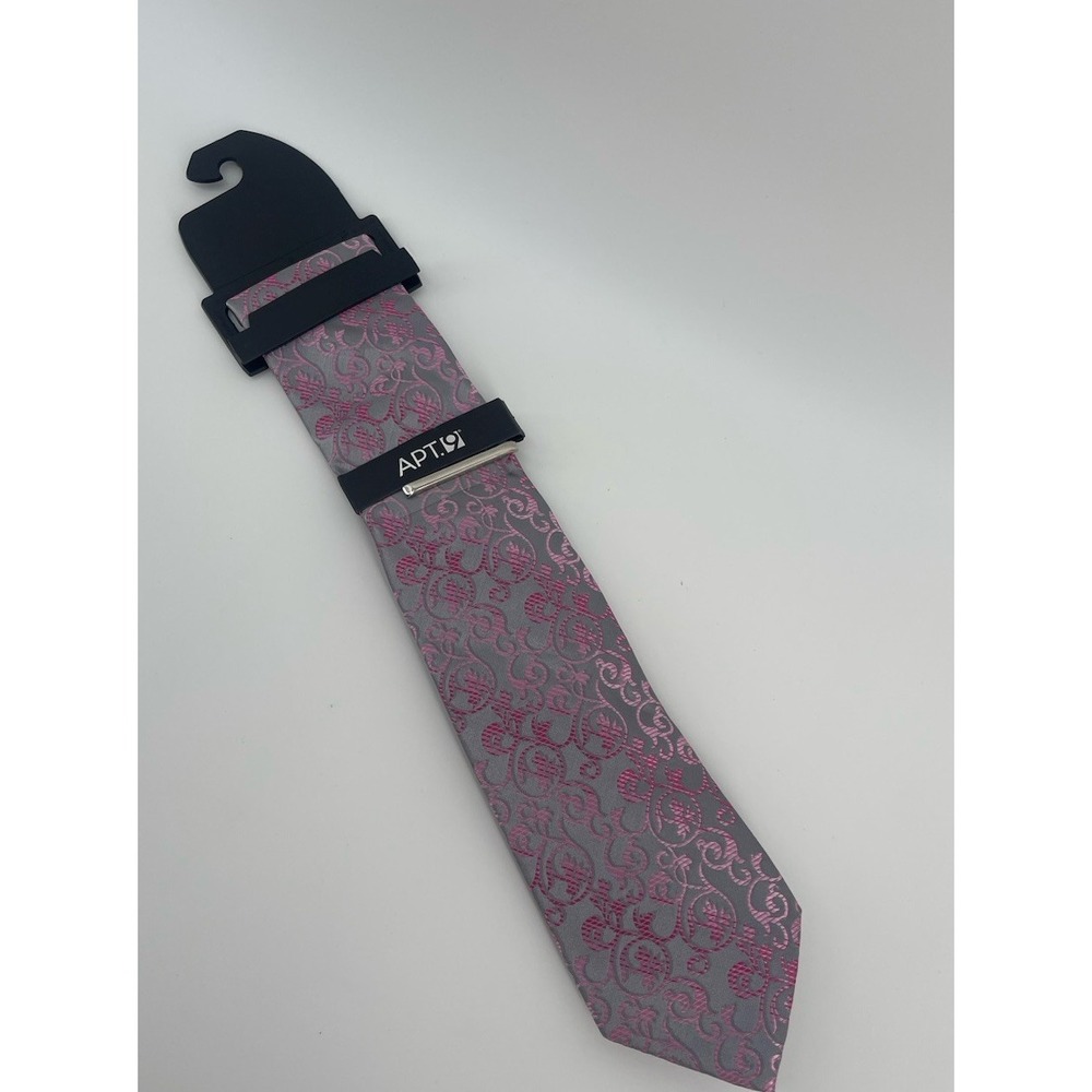 $34 NEW APT.9 Men's Geometric Pink‎ Silver  2.75-inch Skinny Tie + Clip Set